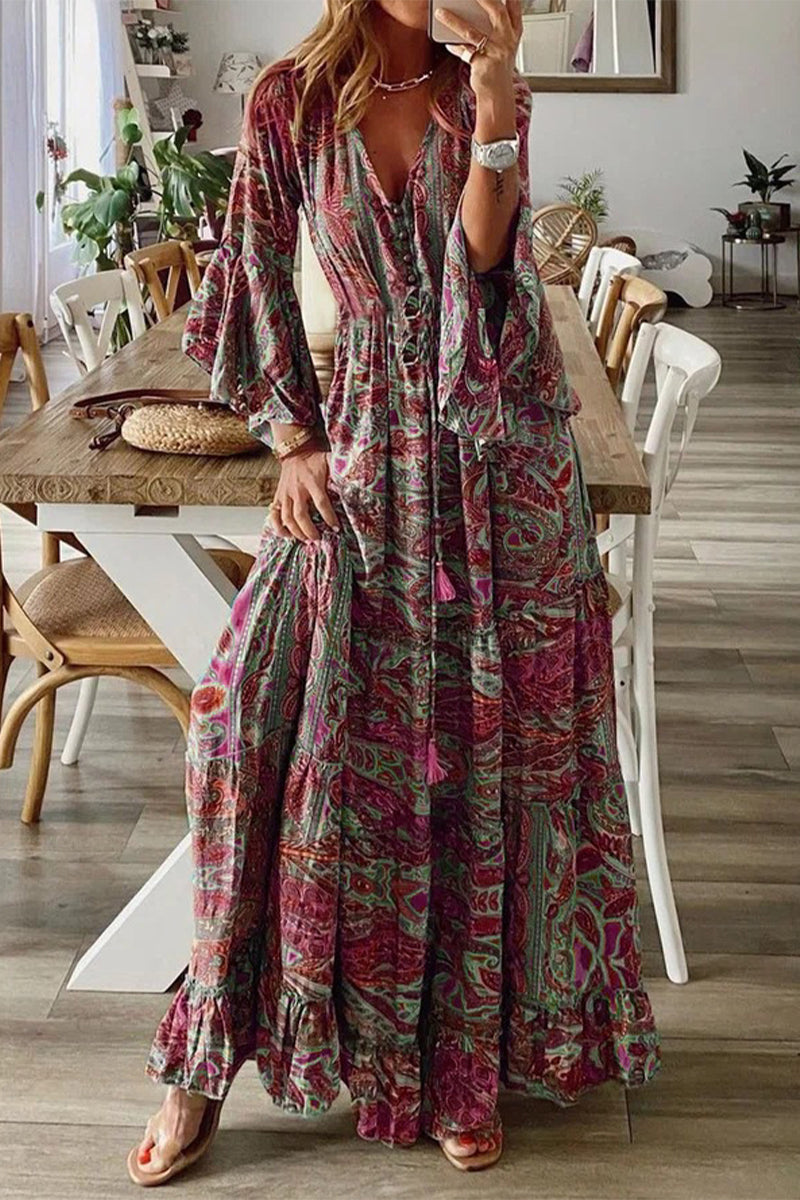 Boho Dress with V-Neckline and Flared Sleeves