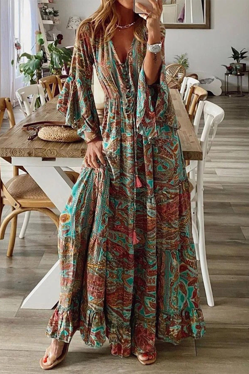 Boho Dress with V-Neckline and Flared Sleeves