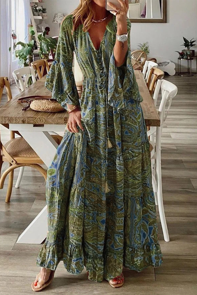 Boho Dress with V-Neckline and Flared Sleeves