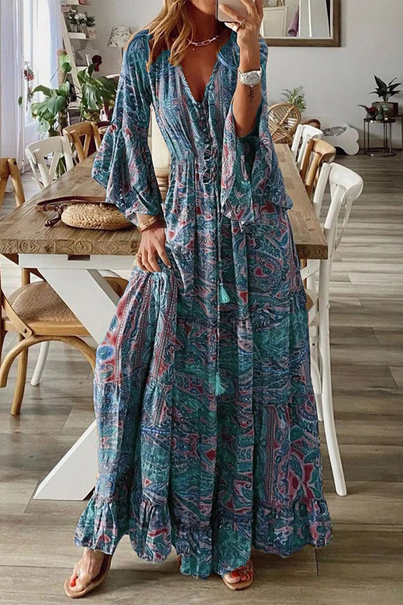 Boho Dress with V-Neckline and Flared Sleeves