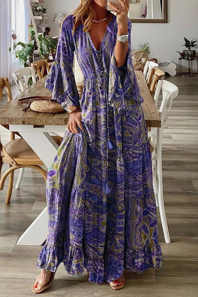Boho Dress with V-Neckline and Flared Sleeves