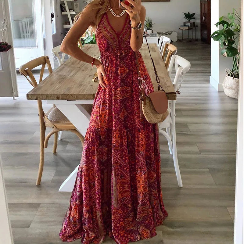 Boho Maxi Sukienka z Kwiatowym Motywem dla Kobiet