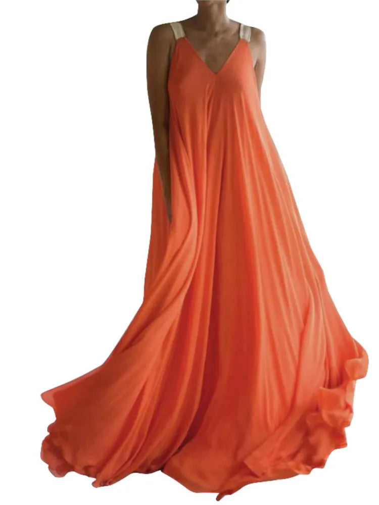 Chloë - Damska letnia sukienka maxi boho bez rękawów z dekoltem w kształcie V, jednolita i luźna.