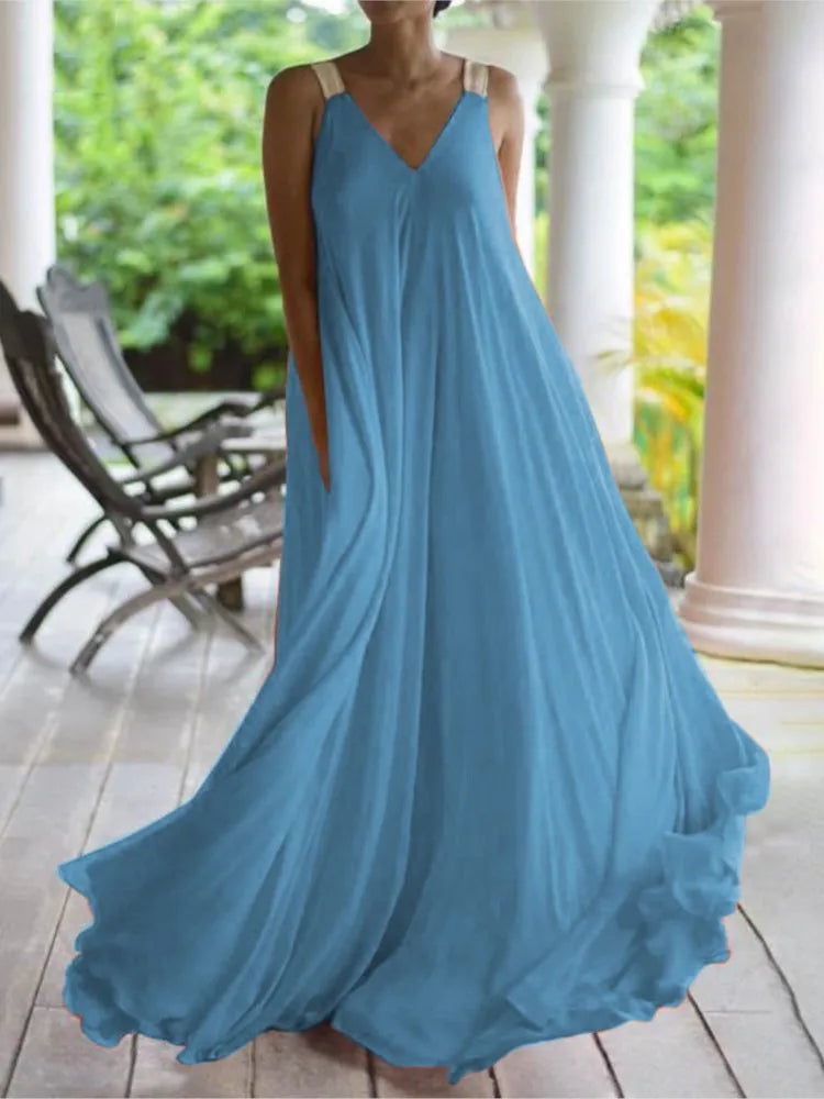 Chloë - Damska letnia sukienka maxi boho bez rękawów z dekoltem w kształcie V, jednolita i luźna.