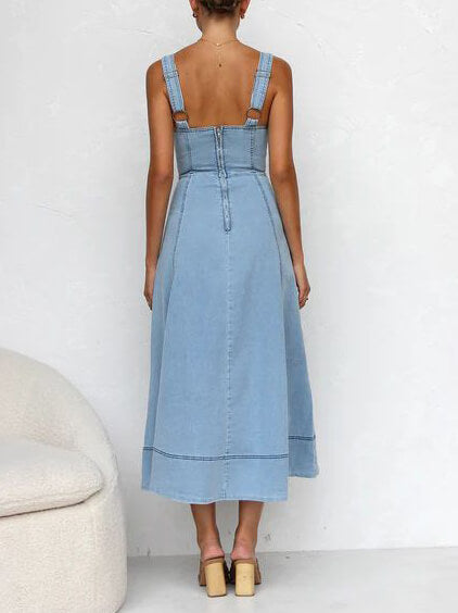 Button-Up Strappy Denim Midi Dress