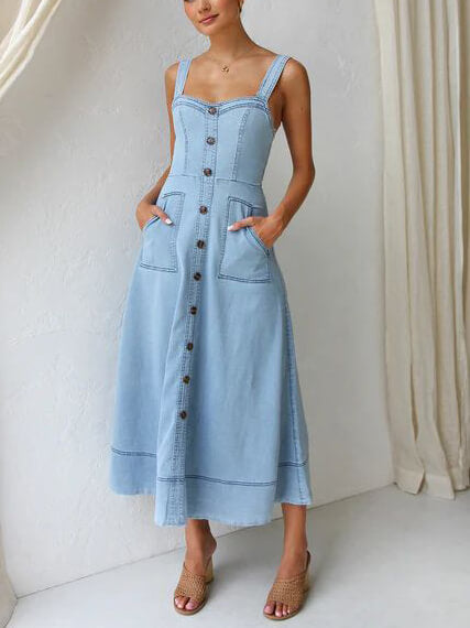 Button-Up Strappy Denim Midi Dress