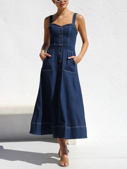 Button-Up Strappy Denim Midi Dress