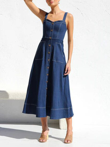 Button-Up Strappy Denim Midi Dress