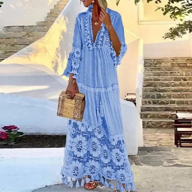 Boho Maxi Dress with Lace and Tassels