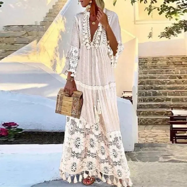 Boho Maxi Dress with Lace and Tassels