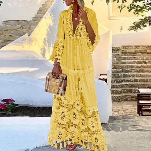 Boho Maxi Dress with Lace and Tassels