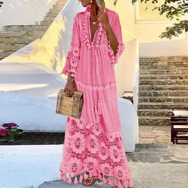 Boho Maxi Dress with Lace and Tassels