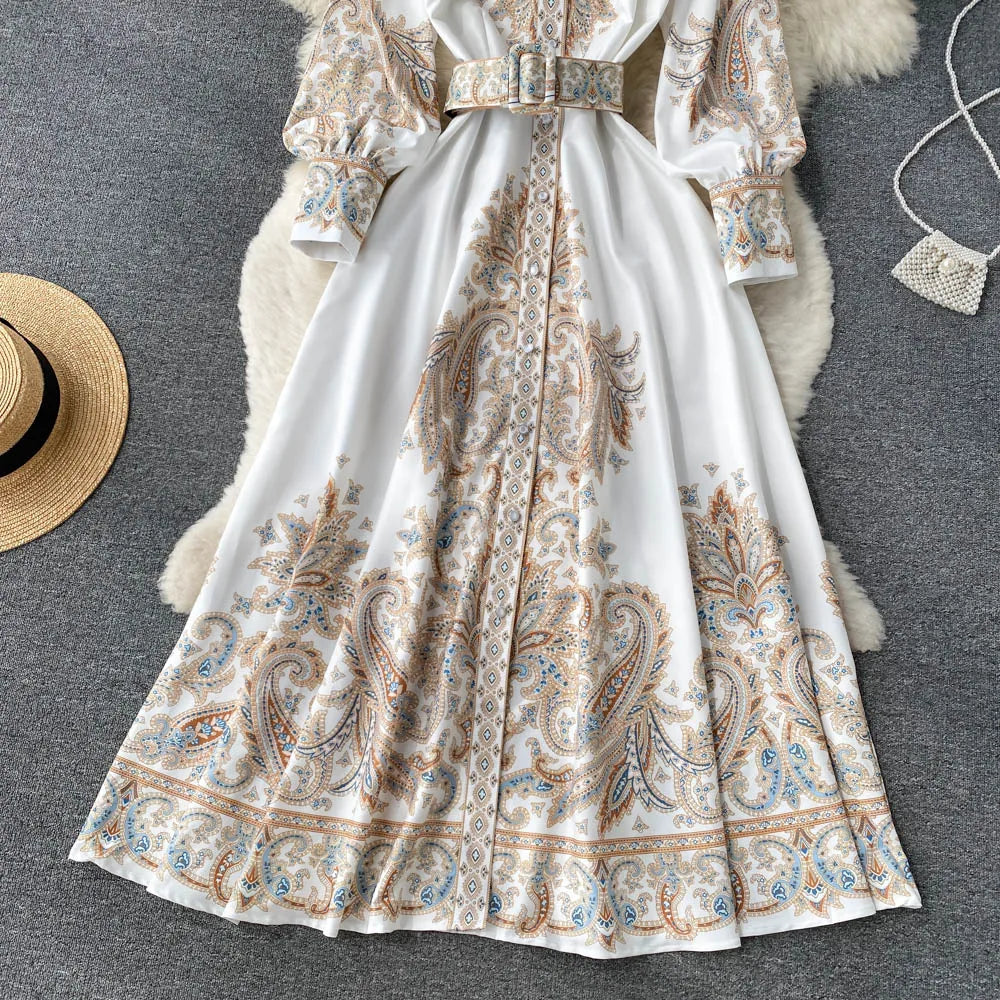 A-line Dress with Floral Pattern and Belt