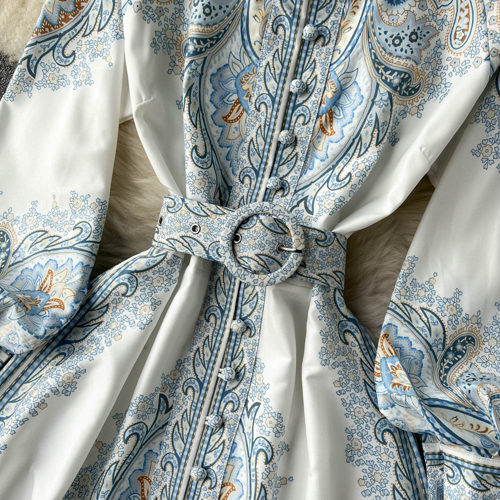 A-line Dress with Floral Pattern and Belt