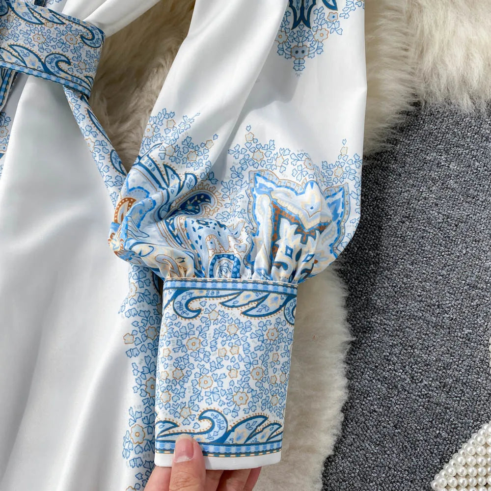 A-line Dress with Floral Pattern and Belt