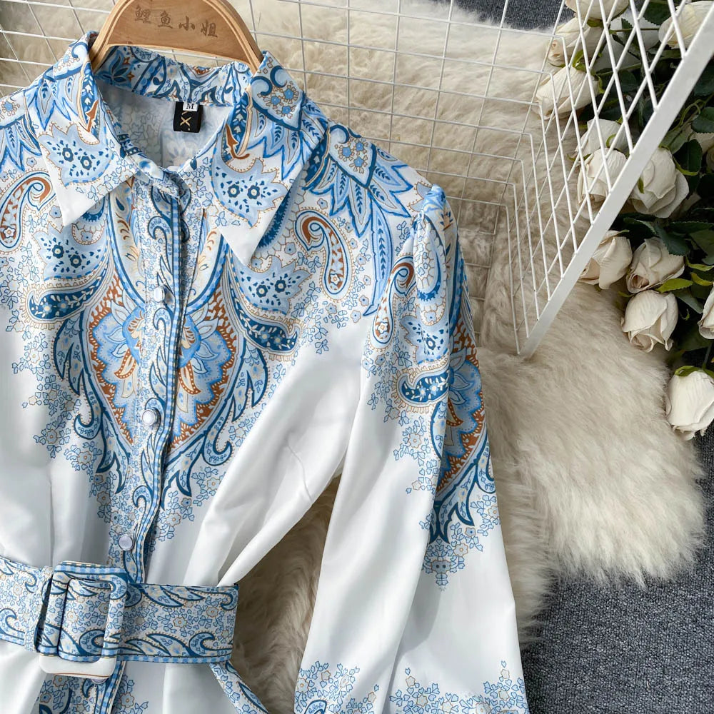 A-line Dress with Floral Pattern and Belt