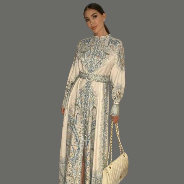 A-line Dress with Floral Pattern and Belt