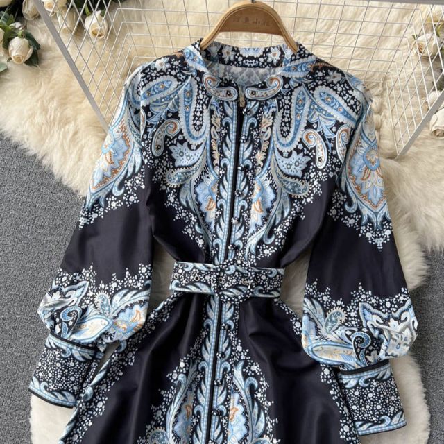 A-line Dress with Floral Pattern and Belt