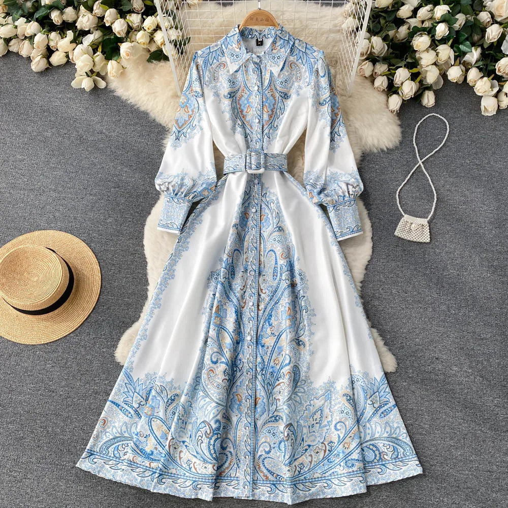 A-line Dress with Floral Pattern and Belt