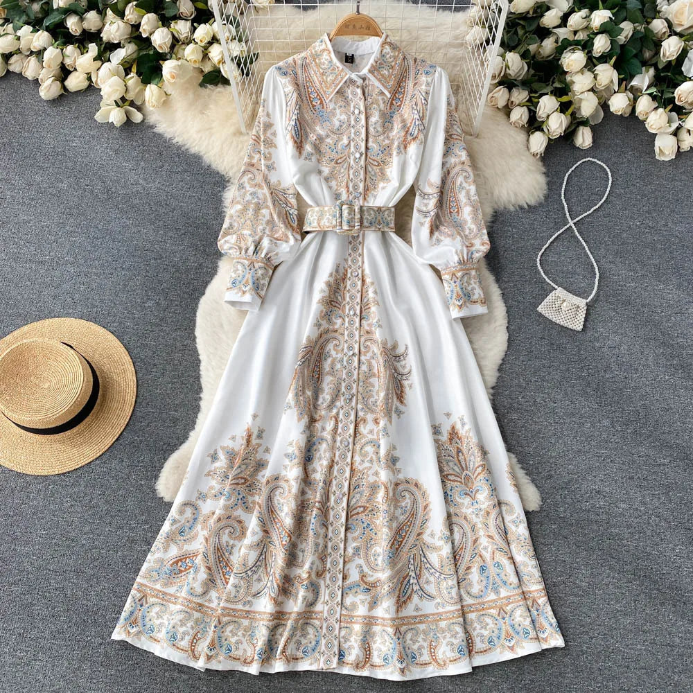 A-line Dress with Floral Pattern and Belt
