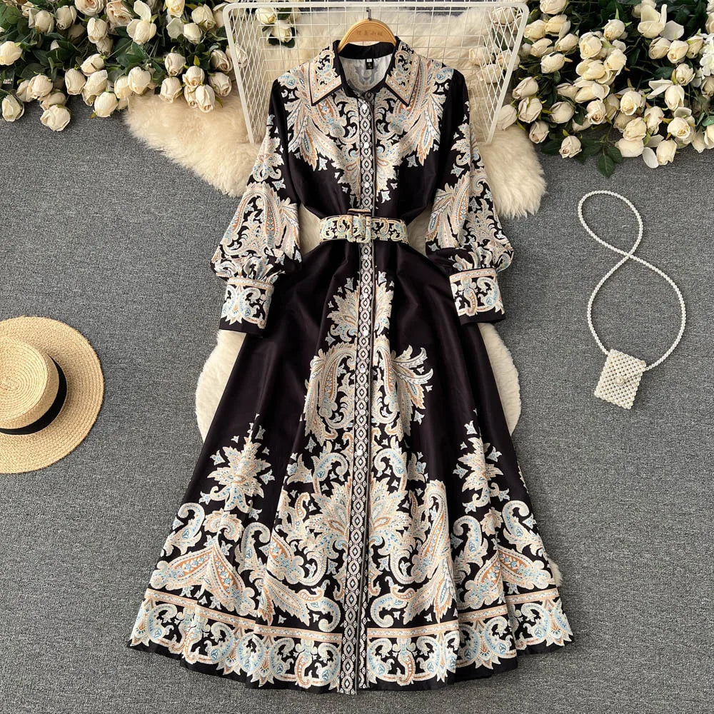 A-line Dress with Floral Pattern and Belt