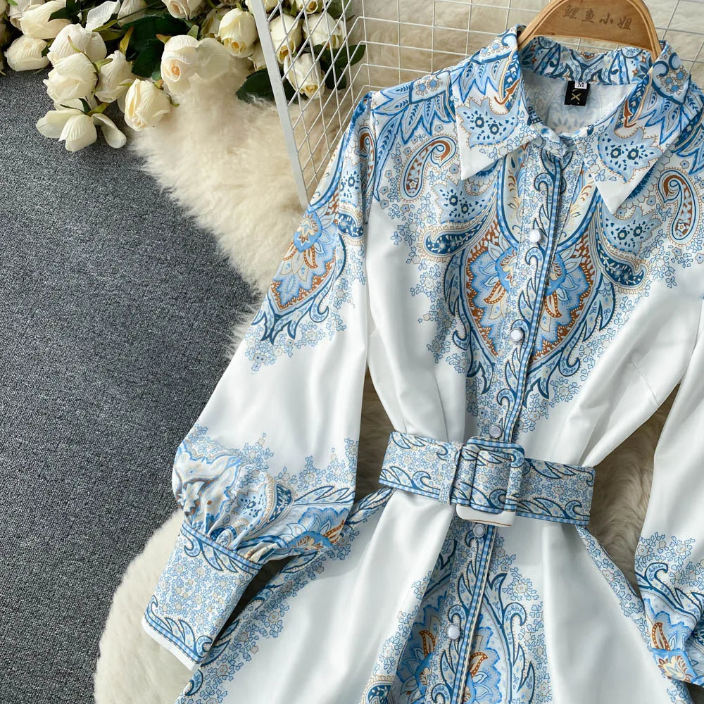 A-line Dress with Floral Pattern and Belt