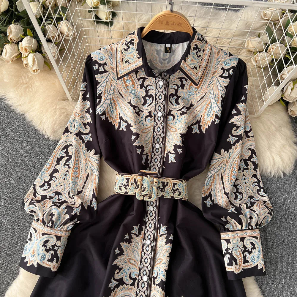 A-line Dress with Floral Pattern and Belt